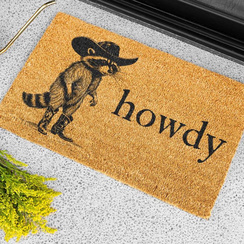 Flannel FabricHowdy Racoon Cowboy Funny Doormat Western Decor Funny Coir Door Mat Welcome Mat Funny Housewarming gift Wedding Gift New Home Gift for Home flannel floor mat