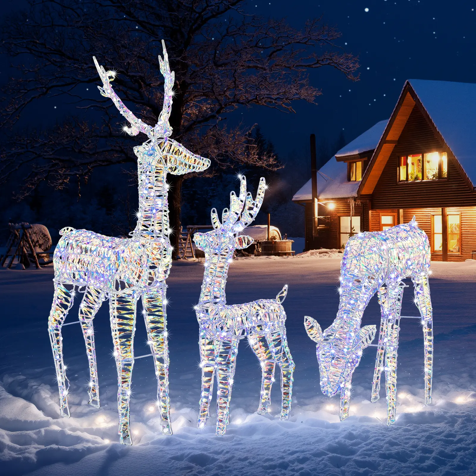 3-Piece Lighted Reindeer Christmas Decoration Set - Pre-lit 270 LEDs, Plug-in, Timer Remote Control, Ground Stakes, Transparent Design, for Indoor Outdoor Use to Light Up Your Space