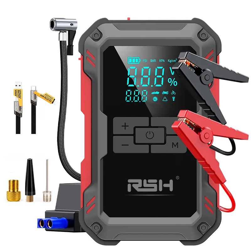RSH 15000mAh Ultra-Safe Jump Starter – Starts all 12V battery vehicles. Features 150 PSI air compressor, 18W fast charging, tire pressure check, and LED light. Includes jumper cables, air hose, storage bag, and 4-in-1 charging cable