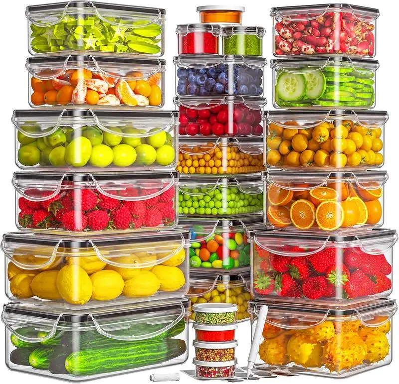 50PCS Food Storage Containers Set with Lids (25 Containers & 25 Lids), Airtight Food Containers Fridge Reusable Meal Prep Containers for Lunch , Plastic Kitchen Storage Containers with Labels & Marker Pen Silicone Lid Square Round Rectangular