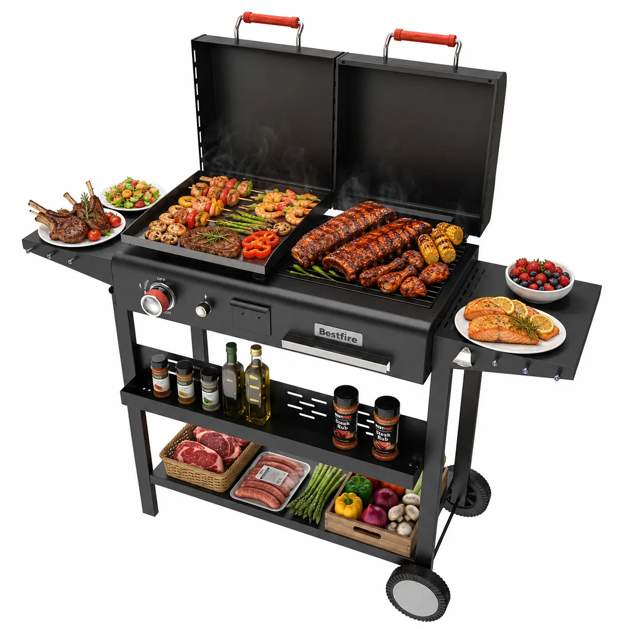 BESTFIRE 2-in-1 Dual Fuel Propane & Charcoal Combo Barbecue Grill - Heavy Duty Cast Iron Flat Top Grill, Outdoor Cooking Equipment with Foldable Side Shelves, Locking Casters, Portable for Camping, Backyard BBQ