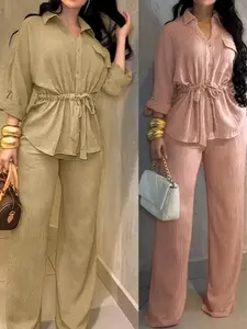 VVZ Women's 2 Pieces Outfit Vintage Turn-down Collar Roll Up Sleeve Button Front Flap Pocket Design Waist Drawstring Top and Elastic Waist Wide Leg Pants Set Casual Textured Commuting Set/Vintage Button Front Commuting Set