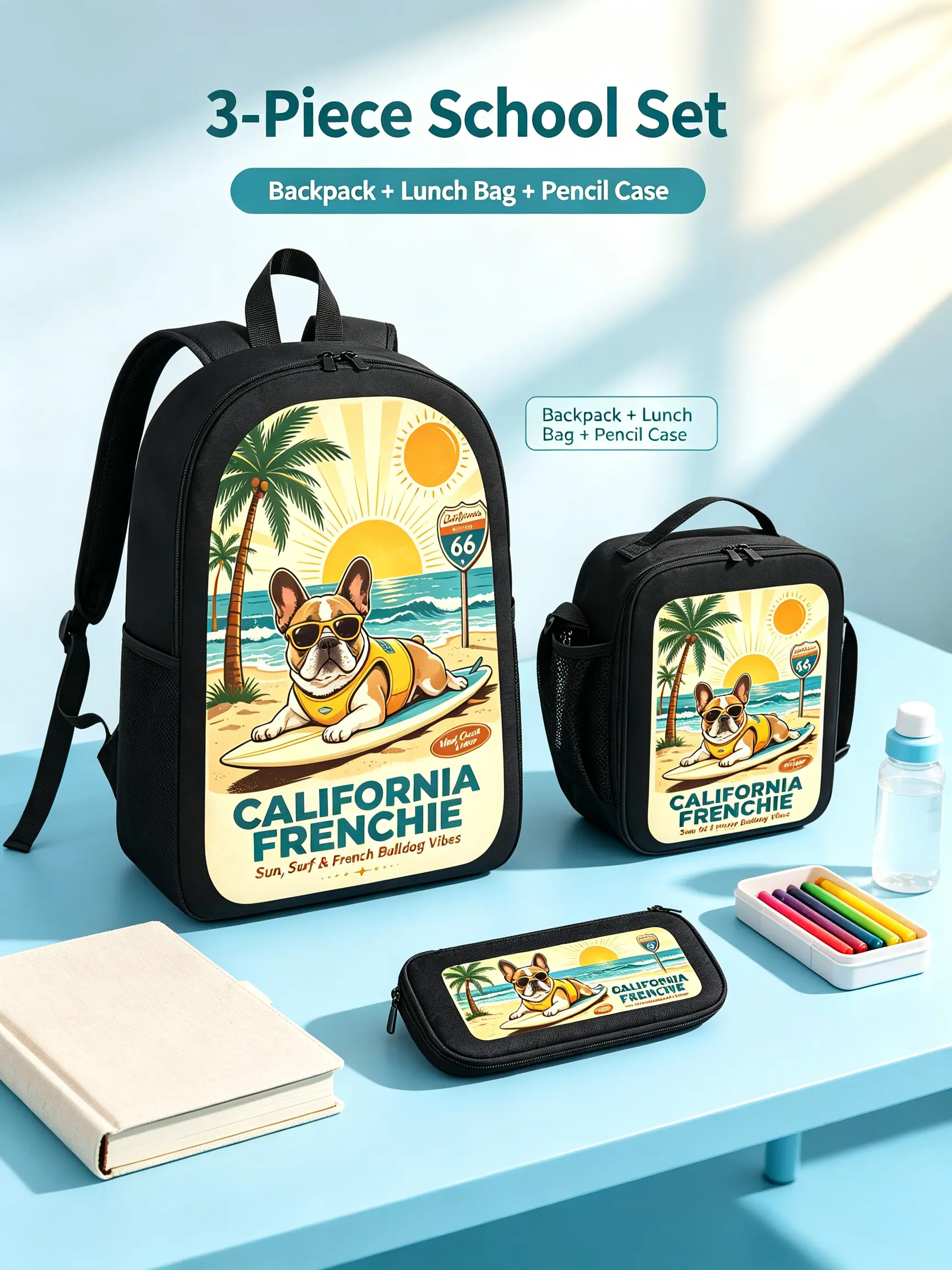 3-Piece French Bulldog Backpack Set for Kids - Includes Insulated Lunch Bag & Pencil Case. Choose from 3 Cool American Styles: Retro Classic, California Surf, or Sports Team. Durable, Water-Resistant, Perfect for School & Travel.