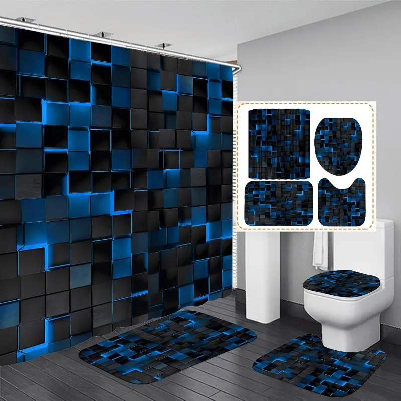 4Pcs Blue Shower Curtain Set 3D Cubes Bathroom Sets Modern Shower Curtain Set for Bathroom Sets with Rugs Black and Blue Shower Curtain with 12 Hooks Bathroom Shower Curtains Bathroom Shower Equipment Shower Essentials Bathroom Decor and Accessories