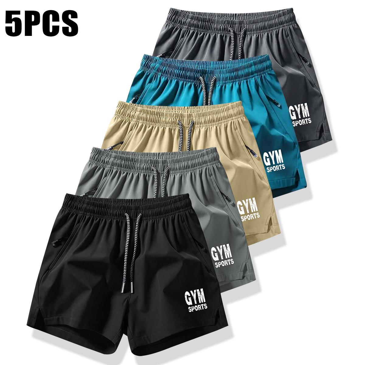 Men's Drawstring Pocket Shorts, Men's Clothing, Athletic Casual Stretch Waist Pocket Shorts, Breathable Everyday Wear Workout Pants Set of 5