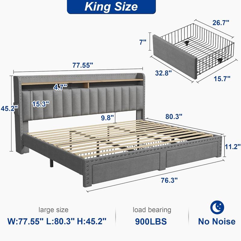 Bed Frame with Headboard and Storage, MATTRESS NOT INCLUDED OR OFFERED, Upholstered  Bed Frame with Storage, 2 Drawers,, NO Noise, No Box Spring Needed