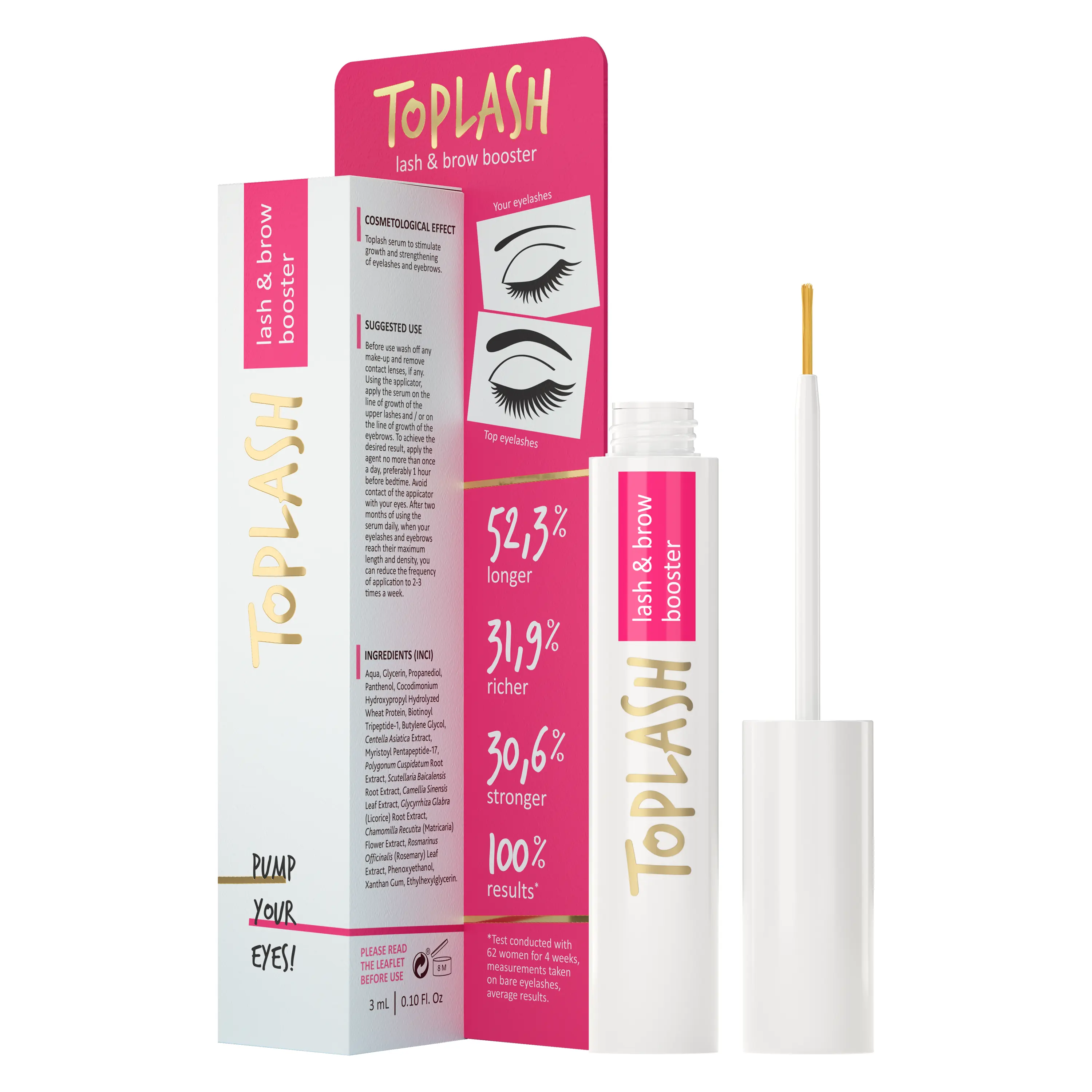 Toplash Eyelash and Eyebrow Hair Growth Serum with Biotin & Peptides, Hypoallergenic Formula for Thicker Lashes - 3 ml (3 Month Supply), Eyebrows, Lash Serum, Bottle, 3Ml, Eyelash Enhancing Serum, Liquid