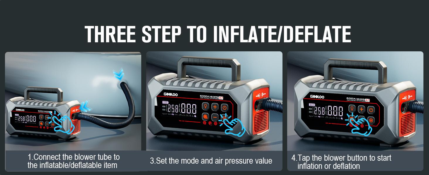 GOOLOO A7 10-in-1 6000A Car Jump Starter with Air Compressor (All Gas & 10 Disel), Multifunctional 160 PSI Smart Auto-Shutoff Tire Inflator & Portable Air Pump with Inflate 350L/min & Deflate 70L/min