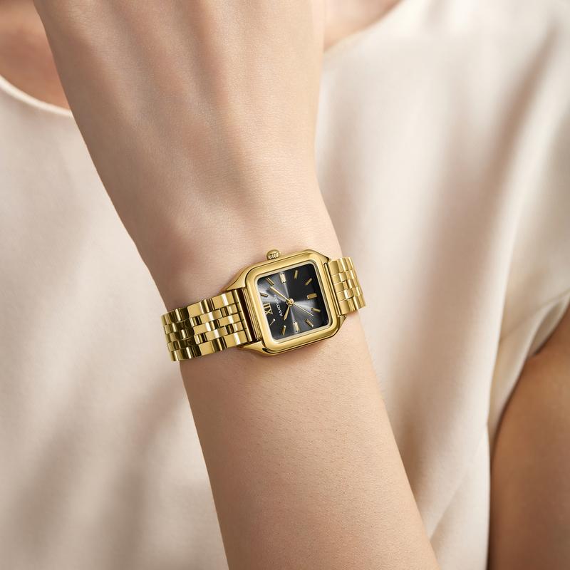 AMOVAN Gold Stainless Steel Bracelet Watch with Black Dial and Roman Numerals