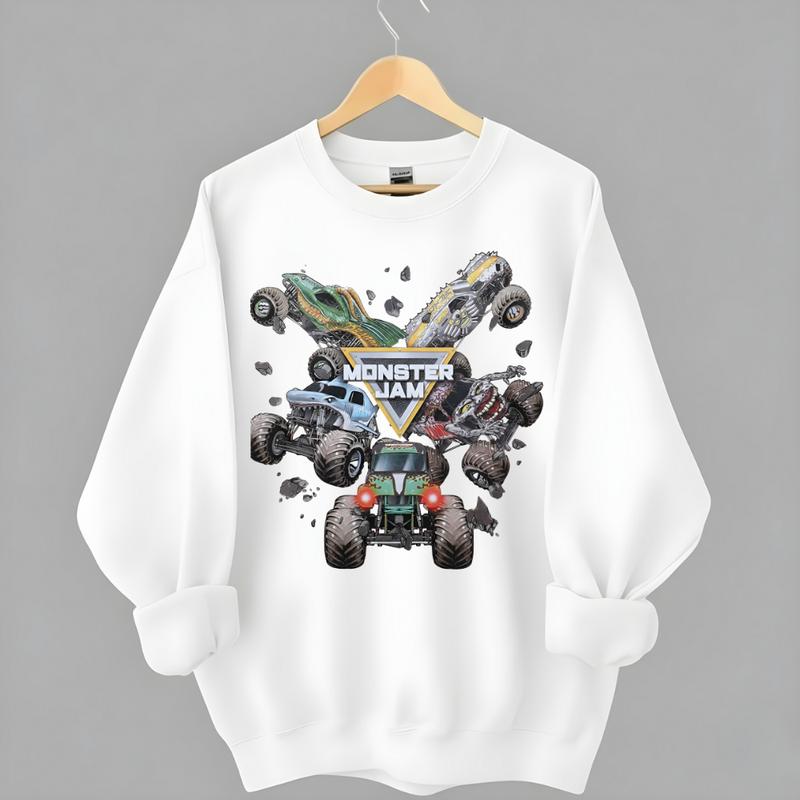 Monster Jam Graphic Sweatshirt, Monster Truck Apparel, Casual Daily Wear Sweater, Unisex Cotton, Trendy Outfits, Classic Short Sleeve, Streetwear