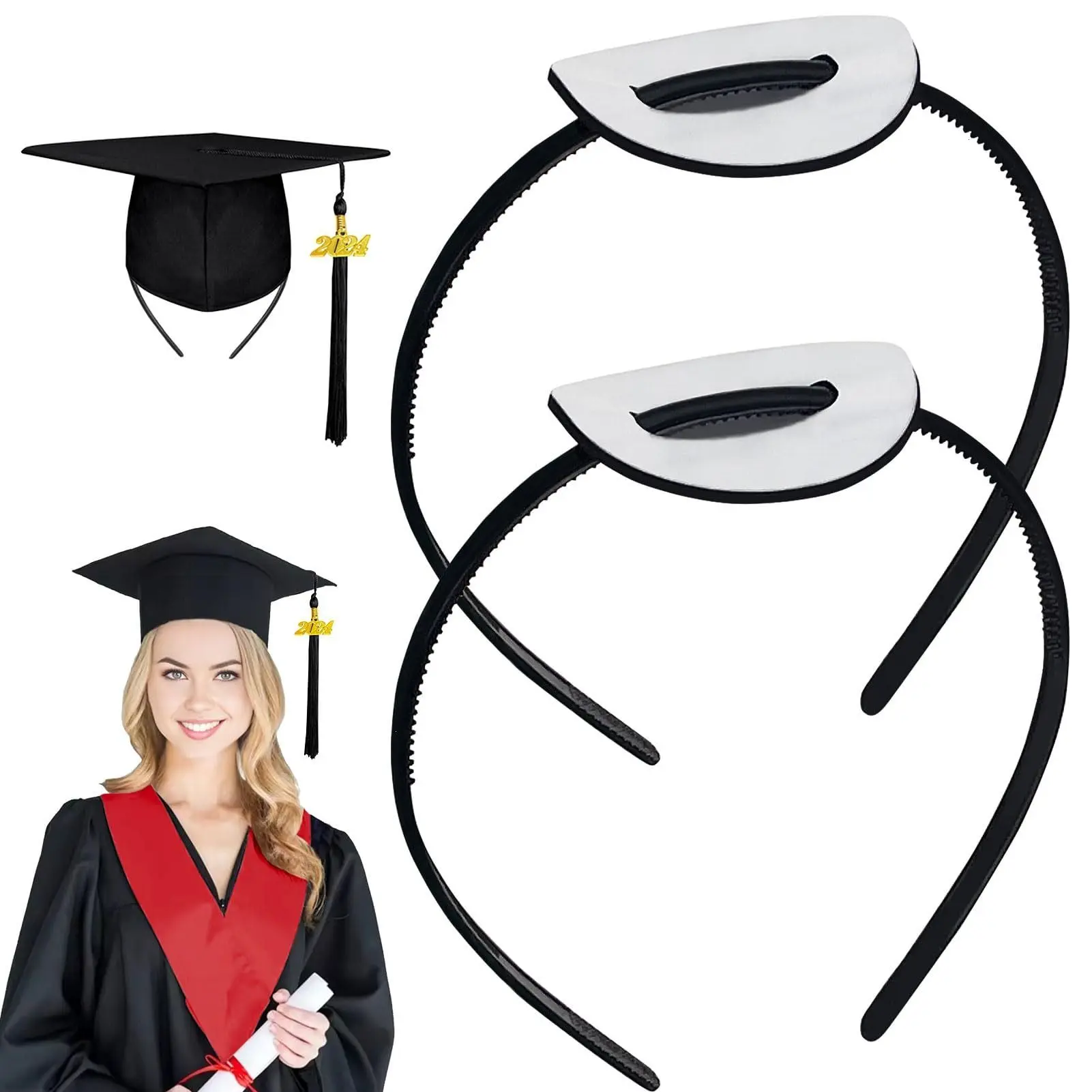 Graduation Cap Headband, Secures Your GradCap, Black Headband Insert Hairstyle Hat Accessories DIY Gift for Graduates, Students, Women (Grad Cap Not Included)