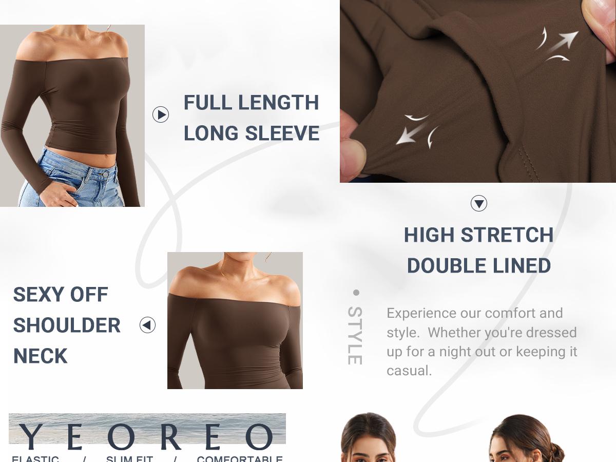 YEOREO Sophie Women Off Shoulder Long Sleeve Shirts Double Lined Basic Undershirt Y2K Going Out Tops Casual Cute Womenswear