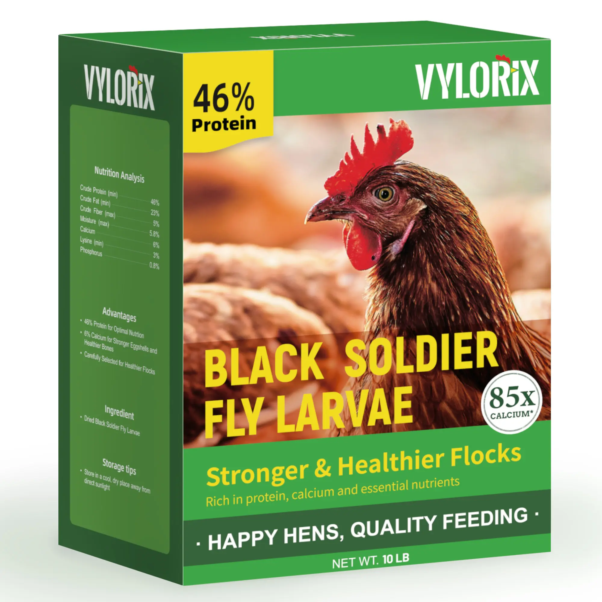 Vylorix 10 LBS Dried Black Soldier Fly Larvae BSFL Grubs Feeding Food for Chickens, 46% Protein Daily Nutrition, 6% Calcium Eggshell Support, 85X More Calcium Than Mealworms, Non-GMO Farm & Pet Supplies