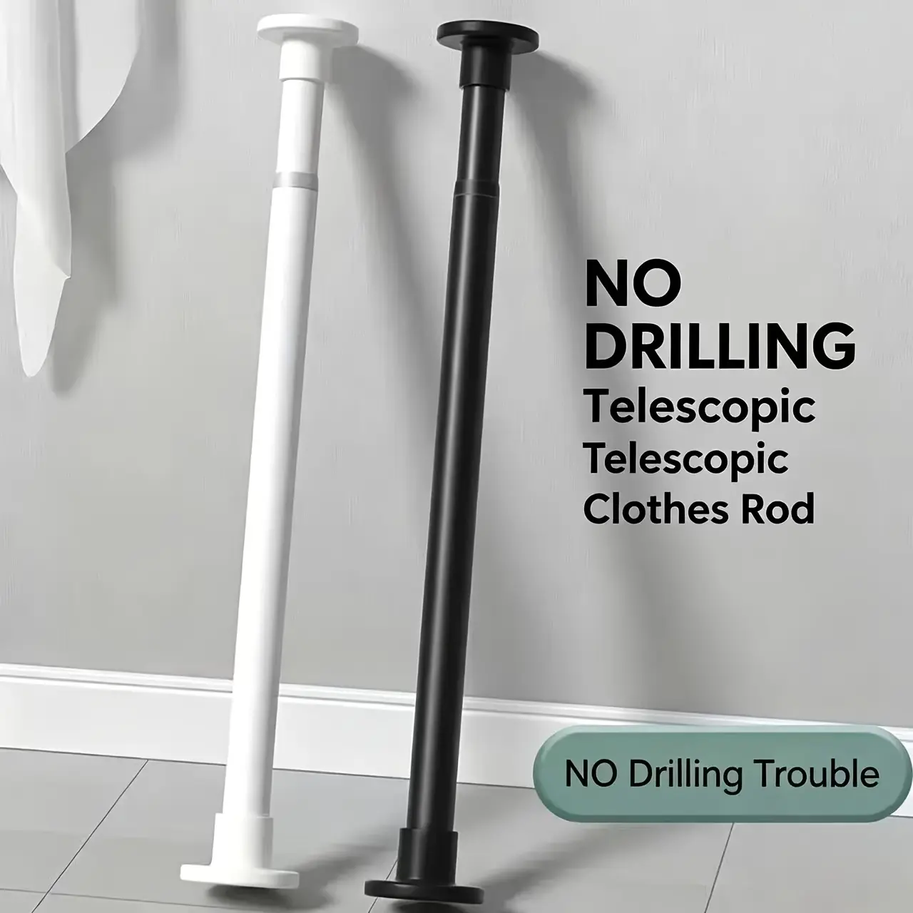 19.7–31.5 in no-drill adjustable telescopic closet hanging rod, black, adjustable support rod for wardrobe clothing storage and shower curtain dividers, universal load-bearing rod