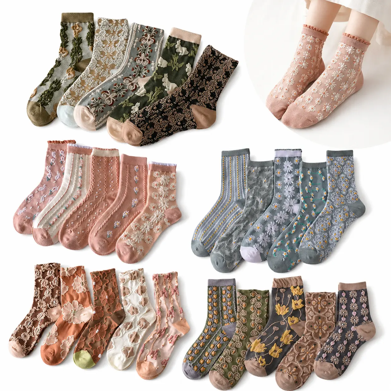 10 Pairs Womens Floral Socks, Spring Socks, Vintage Embroidered Floral Design, Comfortable Ankle Ruffled Socks for Women, Mother's Day Gift