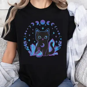 100% Cotton Magical Black Cat With Moon Phases And Crystal Bottle Design For Witchy And Mystical Lovers T-Shirt