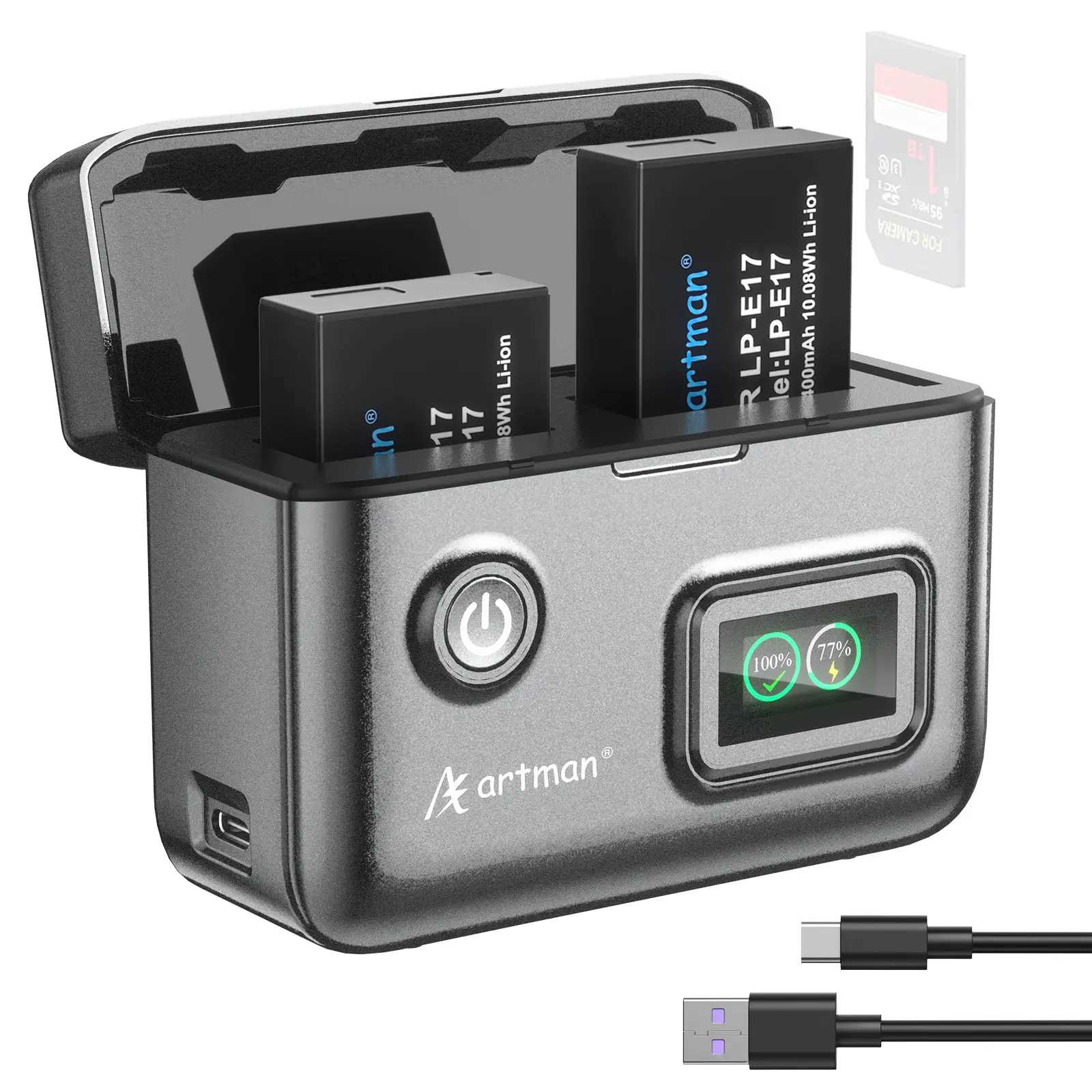 Artman 2-Pack 1400mAh Handheld Camera Batteries & 1.5H 2-Slot LCD USB-C Fast Charger with Smart % Real-Time Display, Camera Accessories for Canon EOS R100 R50 RP R10 R8 Rebel T8i T7i T6i T6s SL2 SL3 M3 M5 M6 77D 200D 250D 750D, Smart Lcd Shows % Real Time