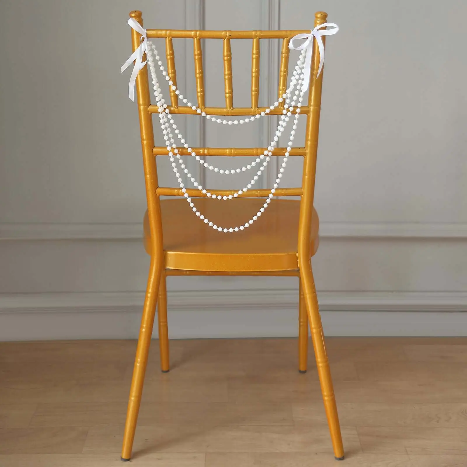 16" White Gatsby-Inspired Faux Pearl Beaded Chair Sash - Pre-Tied Pearl String Back Garland for Chiavari Chairs, Chair Sashes