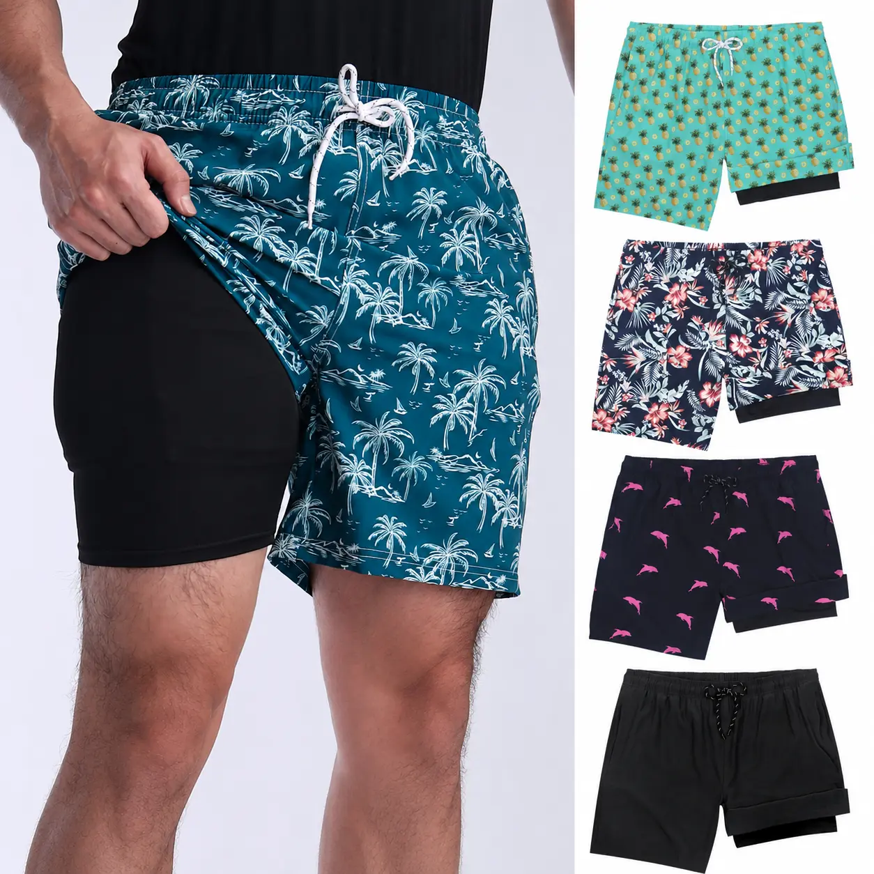 Men's Beach Shorts 2-In-1 Swim Trunks with Compression Lining, Quick-Dry Sporty Shorts Swimwear Shorts for Gym, Pool, Holiday, Casual Wear