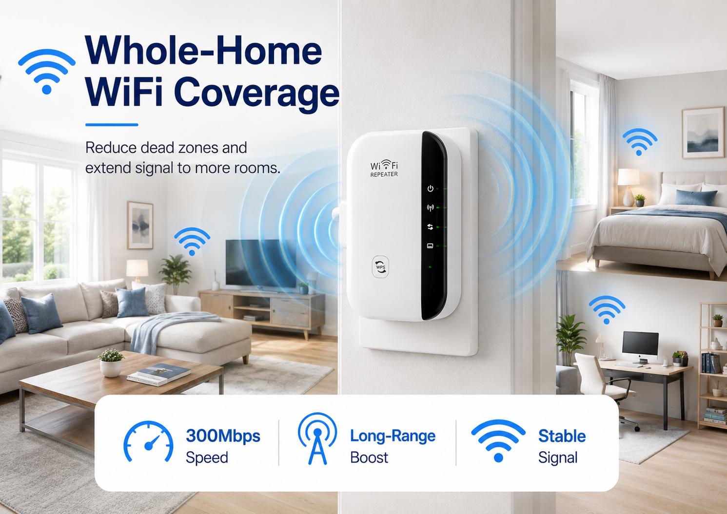 WiFi Extender Signal Booster 300mbps, WiFi Range Extender, Wireless Internet Repeater, Long Range Amplifier with Ethernet Port, Access Point, 1-Key Setup, Alexa Compatible