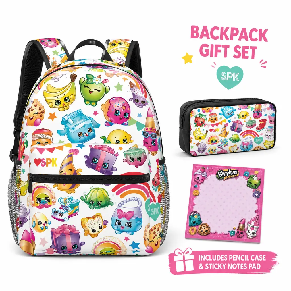 Shopkins Backpack Set for Boys Girls Teens, Cute Anime Graphic School Backpack with 1 pencil box and 1 Notebook, Cartoon Bookbag Set with Side Pockets for  Elementary Middle School  Travel