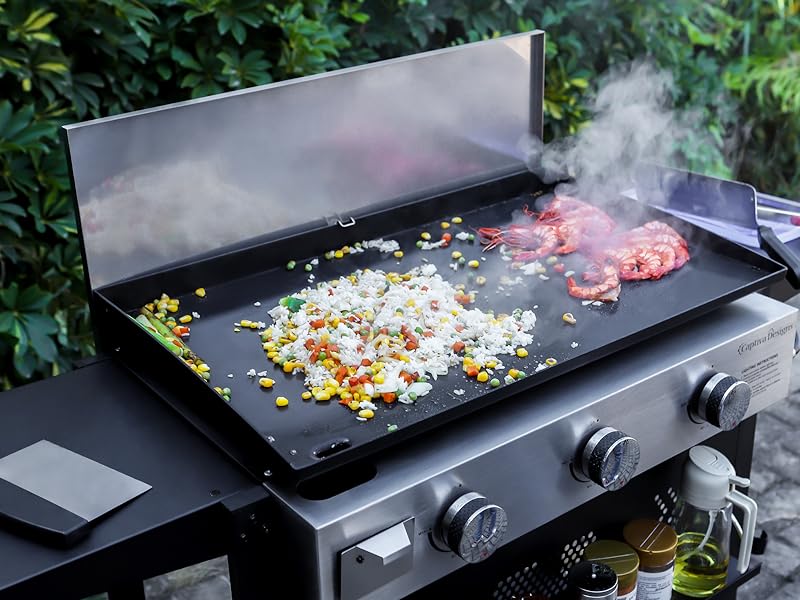 Kitchen Academy 27 Inch Flat Top Grill with Ceramic Coated Cast Iron Pan, 3-Burner Propane Gas, Nonstick Design, Stainless Steel Barbecue Home Food Kitchenware