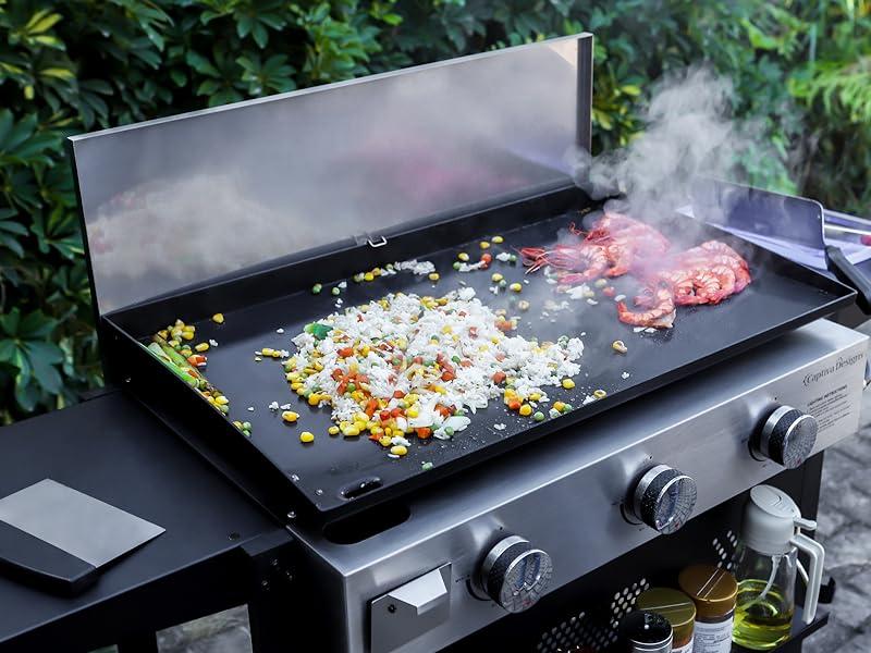 Kitchen Academy 27 Inch Flat Top Grill with Ceramic Coated Cast Iron Pan, 3-Burner Propane Gas, Nonstick Design, Stainless Steel Barbecue Home Food Kitchenware