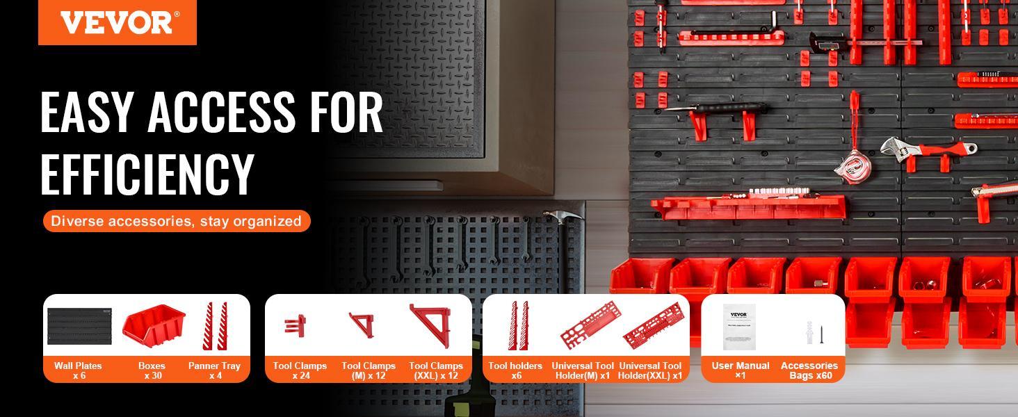 【Spotlight Day】VEVOR Wall Mounted Storage Bins, 30-Bin Parts Rack Organizer Garage Plastic Shop Tool with Wall Panels/Tool Holders/Hooks, Tool Organizer for Nuts, Bolts, Screws, Nails, Beads, Buttons