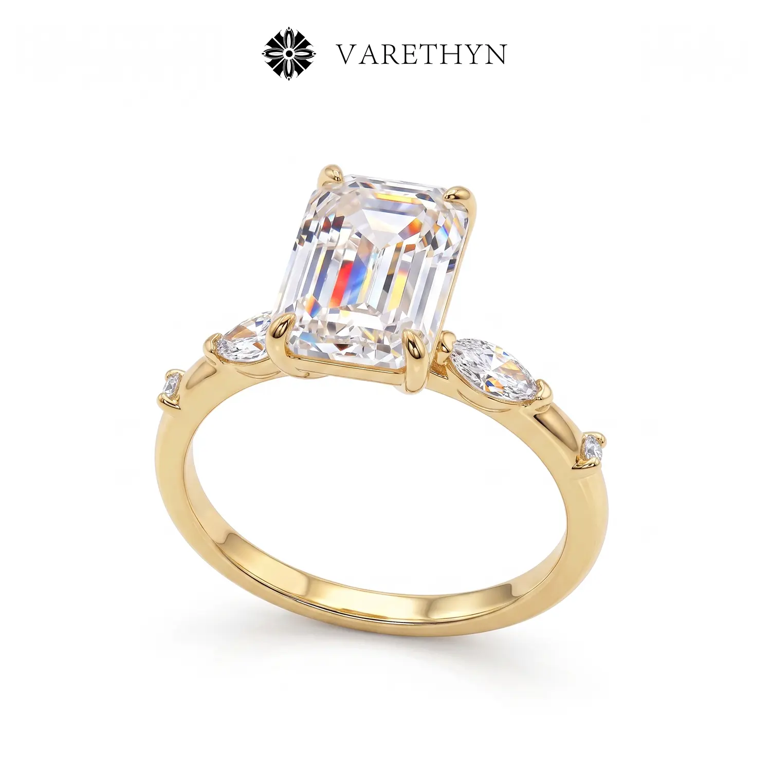 Women's Classic Emerald Cut Engagement Ring - 14K Gold, White Gold Plated Artificial Gemstone Ring with 3CT Cubic Zirconia D1