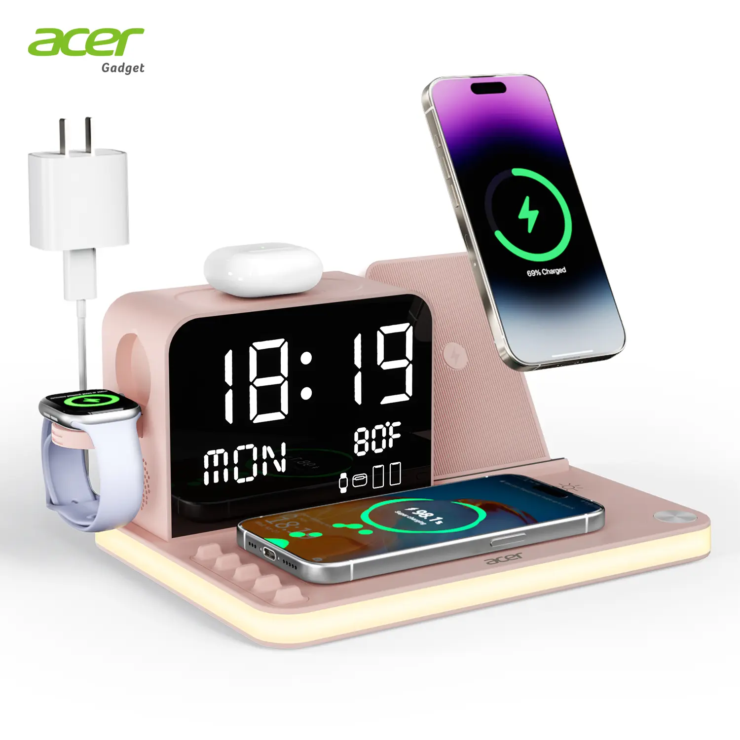 Acer 7 in 1 Wireless Charging Station Charger with LED Night Light, Bluetooth Time Sync Clock & Temperature Display, USB-A & USB-C, Magnetic MagSafe – for iPhone, Android Phone, Apple Watch & AirPods, Gift tiktokshopbacktoschool