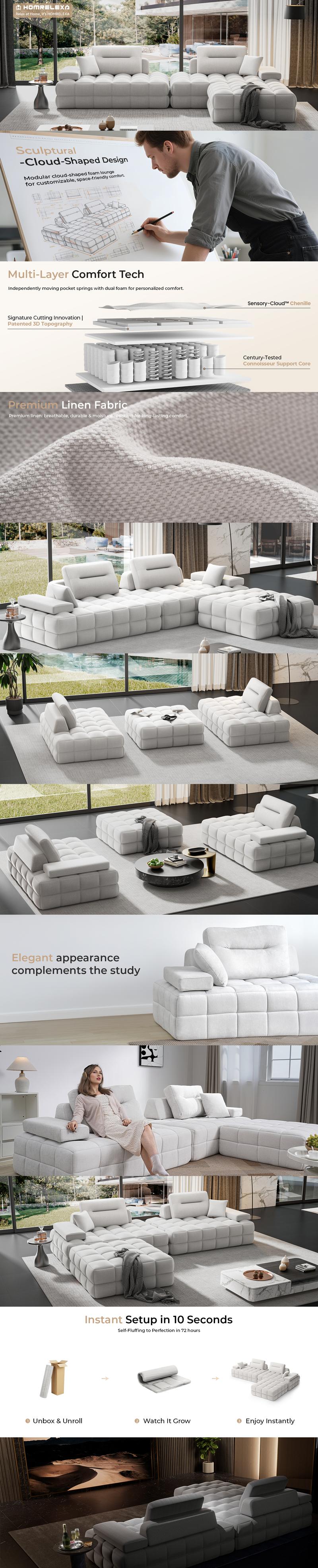 【Oversized】132”/147" Modular Sectional Sofa, Sectional Couch with 6 Throw Pillows, Comfortable Sofa Bed with Kid-Friendly Chenille Fabrics,L Shaped Couch for Living Room, Apartment, boneless sectional couch, living room furniture