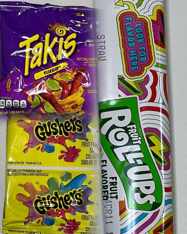 Family Three Pack Chamoy Pickle Kits with Takis, Lucas Powder, Liquid Lucas, Salsaghetti Skwinkles, Gushers and Fruit Rolls Ups Snacks Snack Gift
