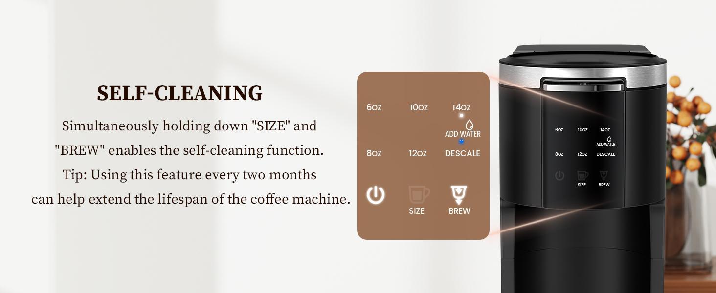 Electactic Coffee Machine K-Cup Pods & Ground Coffee Maker, Latte and Cappuccino Maker, 5 Brew Sizes Up To 14 Oz, with 40oz Removable Water Tank, Self-cleaning Function, Black