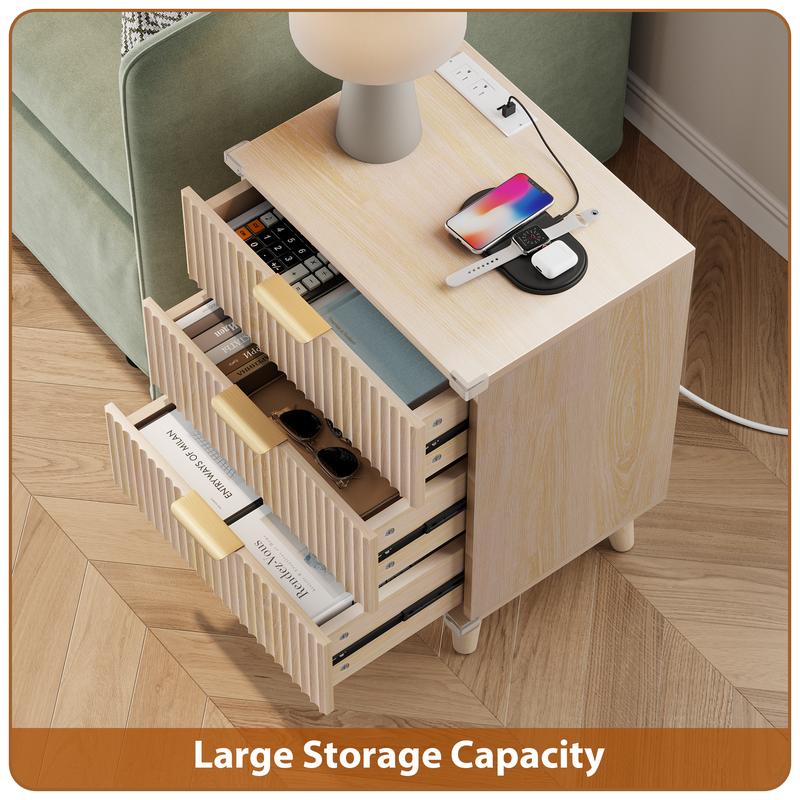 Aowos Fluted Nightstands for Bedroom, Modern Bedside Table with 3 Drawers & Charging Station, Fluted Panel End Tables for Bedroom & Living Room, Bedside Cabinet with USB Ports, Nightstand with Storage, Apartment Nightstand, Kids Bedside Table, Aowos Fluted Nightstands for Bedroom, Modern Bedside Table with 3 Drawers & Charging Station, Fluted Panel End Tables for Bedroom & Living Room, Bedside Cabinet with USB Ports, Nightstand with Storage, Apartment Nightstand, Kids Bedside Table,