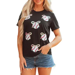 Shimmering Sequin Bow Ball Patterned Game Day Casual Tee