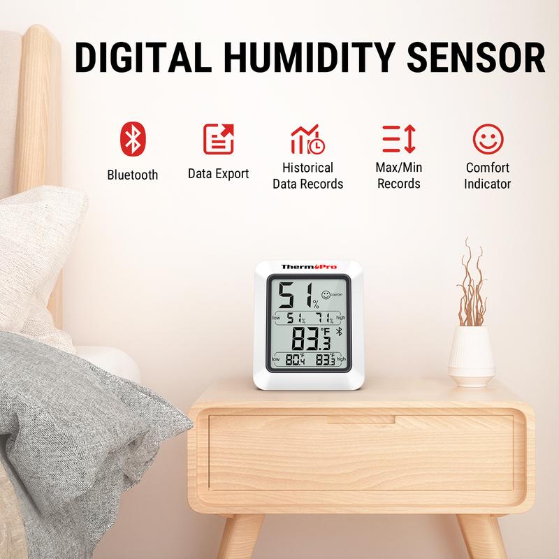 ThermoPro Bluetooth Hygrometer Thermometer TP350 & TP359W, Indoor Room, Home Temperature and Humidity Monitor, High Accuracy Sensor, App Alerts, Data Export, Backlit LCD, Max/Min Records