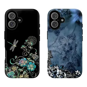 JIACC Whimsical Grunge Floral Pattern Phone Case Moody Blue & Burgundy Aesthetic Phone Cover for iPhone 17 16 15 14 13 12 11 Pro Max X XS & Samsung Galaxy S21–S25 Plus Ultra