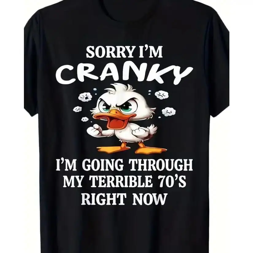 Menswear Unisex "Sorry I'm Cranky Terrible 70's" Graphic T-Shirt - Funny Angry Duck Cartoon Design, Soft Cotton Shortsleeve Round Neck Top, Streetwear Fabric, 70th Birthday Gift For Senior Citizens, Classic