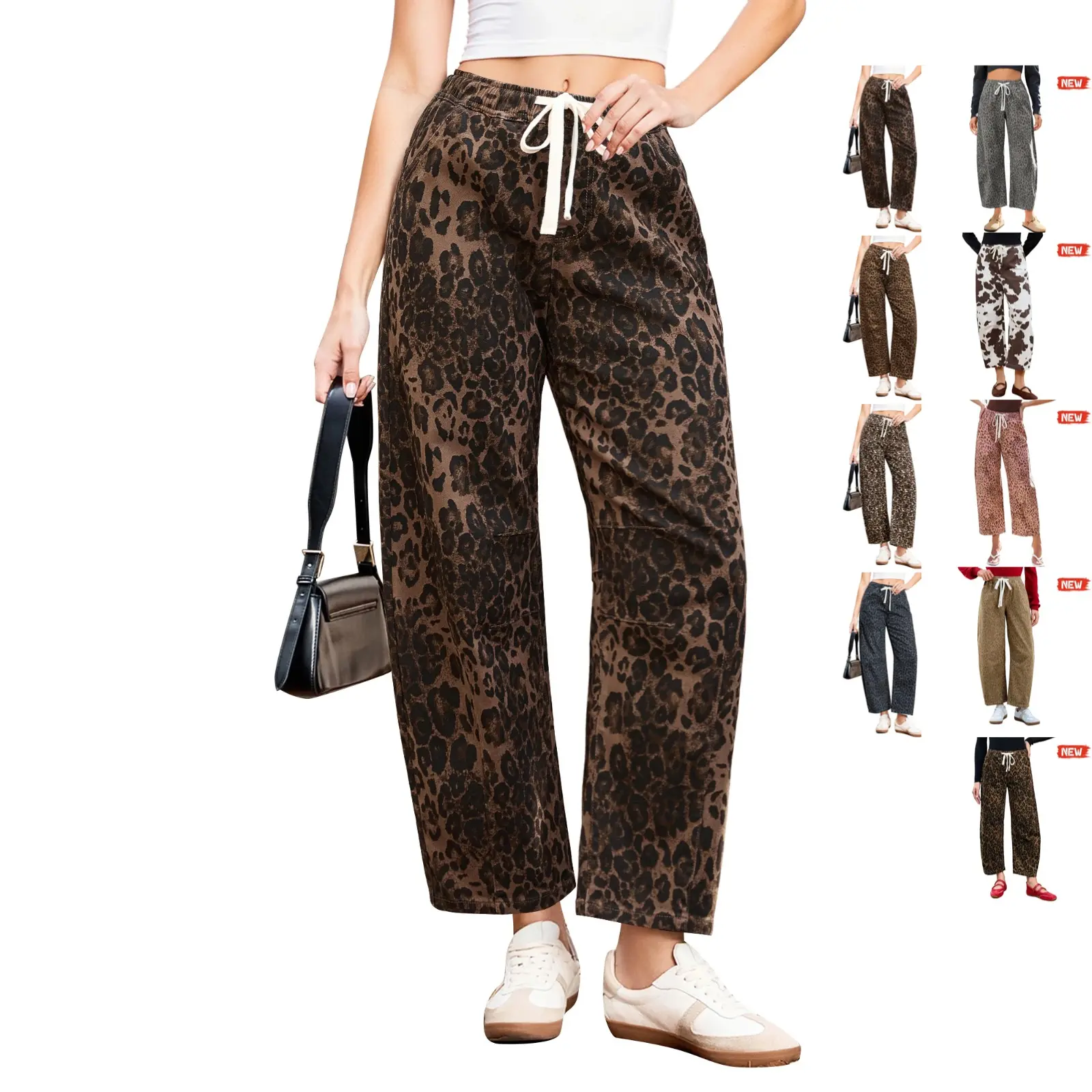 【GRAPENT Barrel Jeans Collection】Leopard Bold Barrel Jeans for Women | High Waisted Pull On Cropped Ankle Denim, Stretchy Cheetah Print Jeans for Early Fall Outfits, Animal Print Barrel Jeans,Back to School Shopping backtoschool