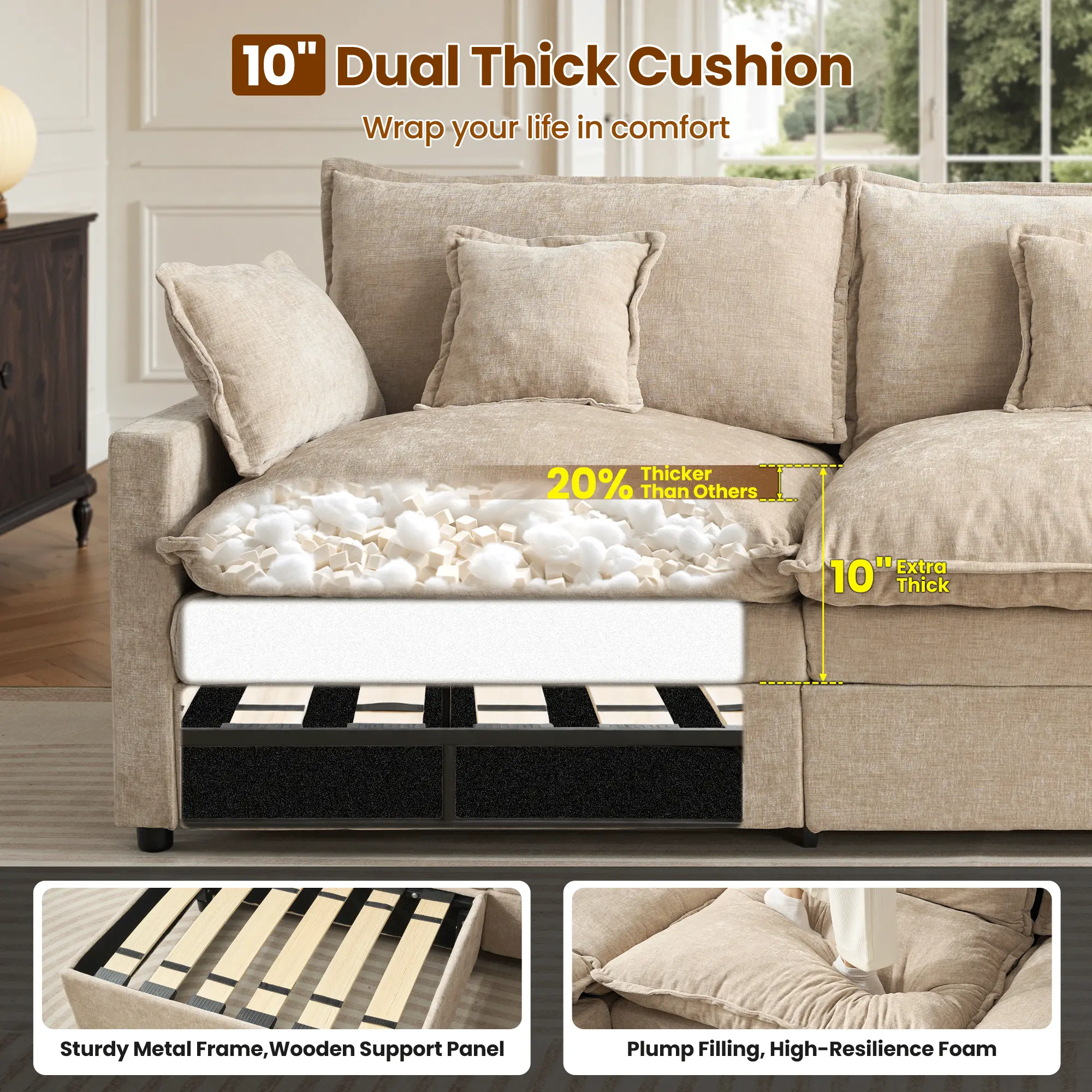【2 Packages Shipping】OVIOS 108" U-Shaped Modern Sofa Modular Sectional Cloud Couch with 2 Ottoman, Comfy Chenille Deep Seat Sofa Bed for Living Room, Bedroom and Apartment, 5 Pillows Included 【2 Packages Shipping】OVIOS 108" U-Shaped Modern Sofa Modular Sectional Cloud Couch with 2 Ottoman, Comfy Chenille Deep Seat Sofa Bed for Living Room, Bedroom and Apartment, 5 Pillows Included