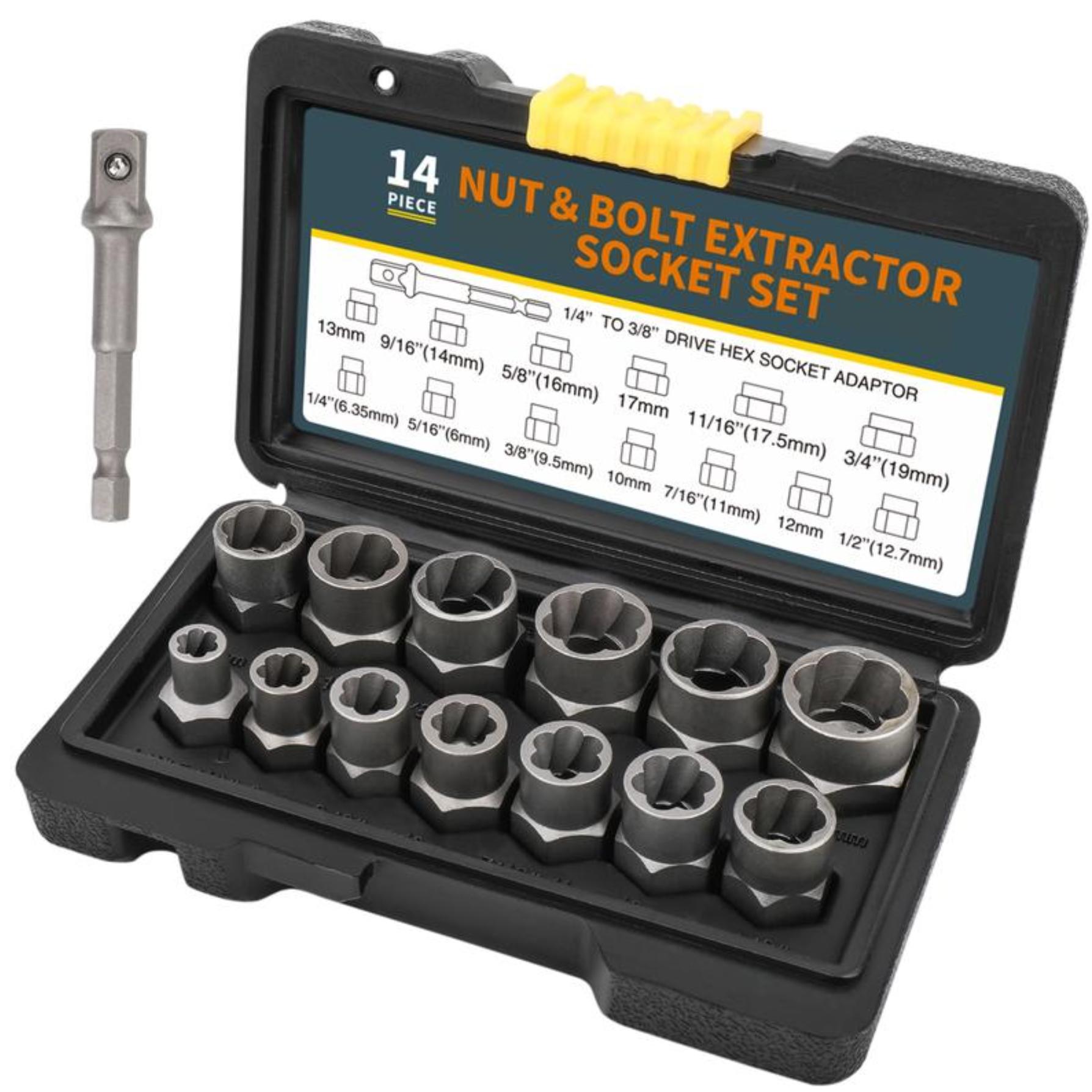 【FathersDayGift】 Bolt Extractor Tool Set, 13+1 Counts Impact & Nut Remover Stripped Lug Remover, Drive Rounded Bolt Remover for Removing Damaged, Frozen Universal Impact impact bolt