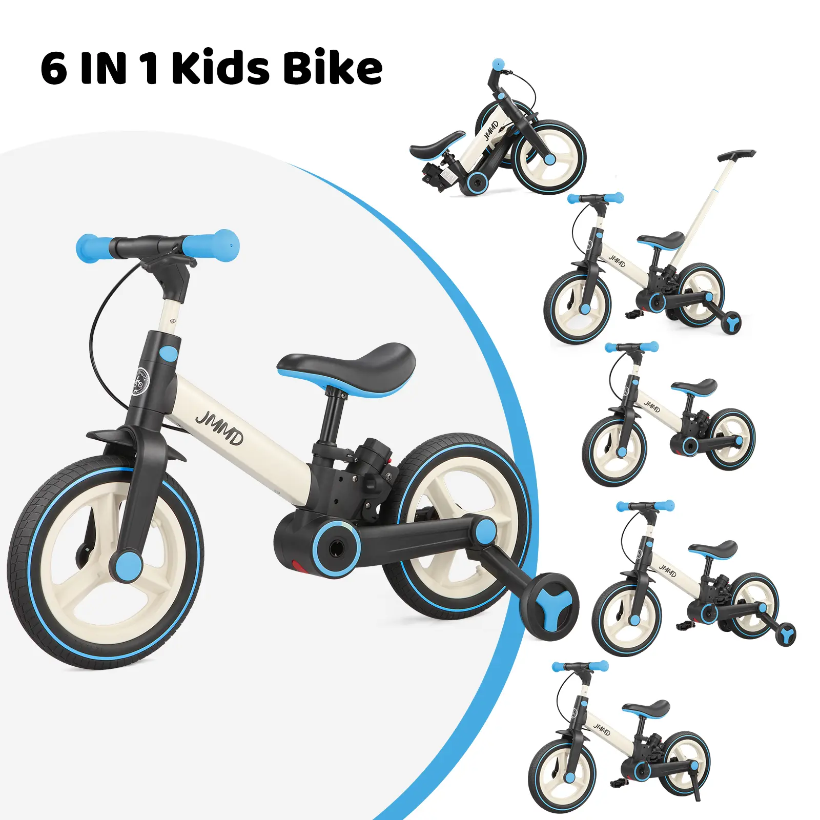 JMMD Durable 6-in-1 Multi-Functional Toddler 3-Wheel Balance Bike for 18-60M Unisex Babies, Kids Outdoor Play Toy with Training Wheels, Pedals, Push Handle, Brakes, Kickstand, Child Powered Pedal-Powered Bike, Christmas & First Birthday Gift, Child Powere