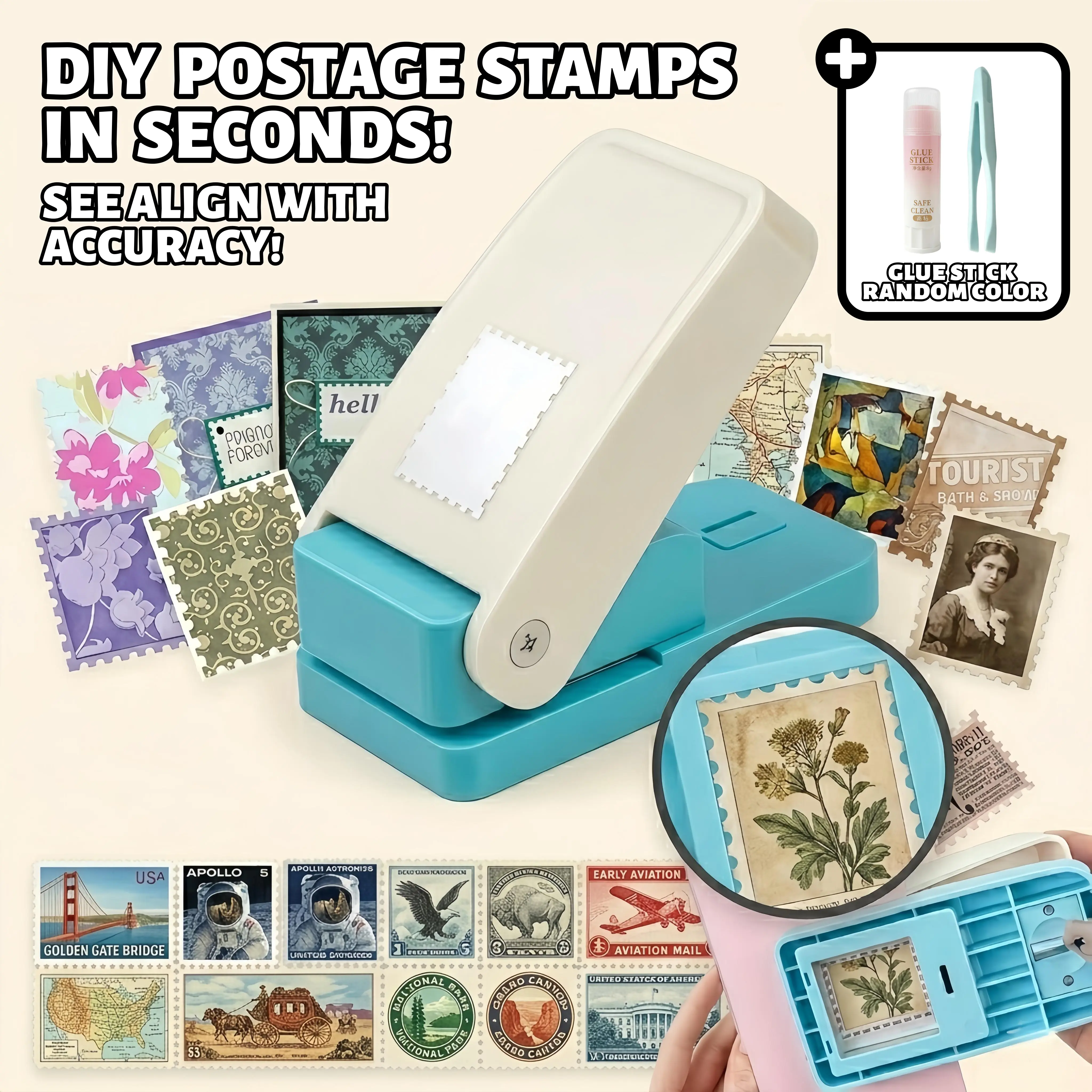 Lever-Type Manual Floral Stamp Puncher & Embosser (0.82in×1.02in) - 2-Style DIY Scrapbooking Tool with Crisp No-Jag Edges, Junk Journaling Supplies, Decorating Stamper Tools, Free Glue Stick & Tweezers for Gift Tags, Scrapbooking Ideas