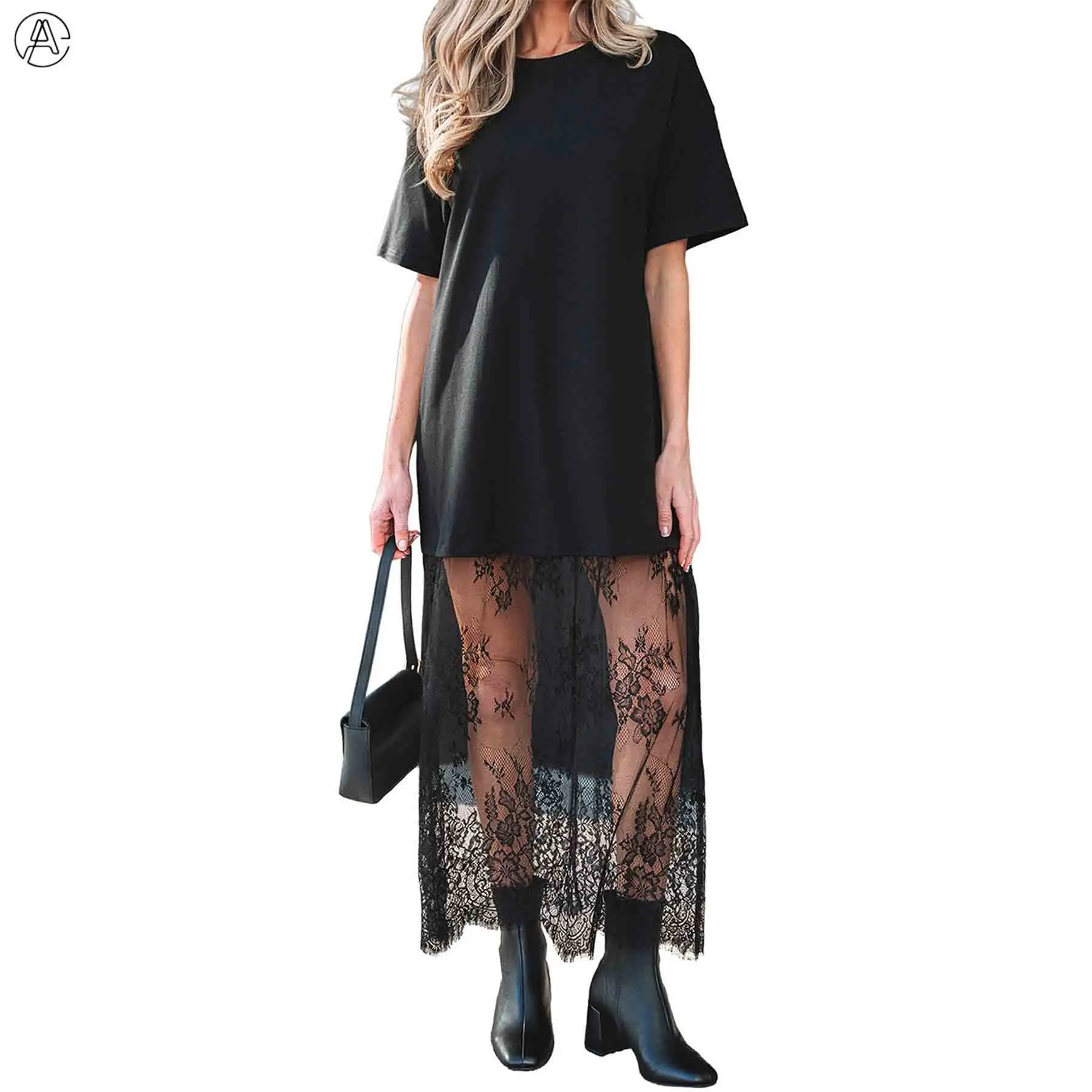 Arssm Women’s Oversized T-Shirt Maxi Dress – Black Lace Hem Sheer Drop Shoulder Short Sleeve Dress for Street Style & Casual Summer Outfits