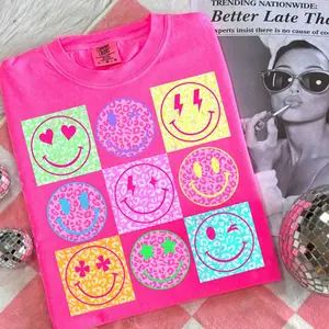 Comfort Colors Neon Summer Smiley Face T-shirt, Checkerboard Leopard Beach Life Graphic Tee, Trendy Summer Distressed Beach Shirt