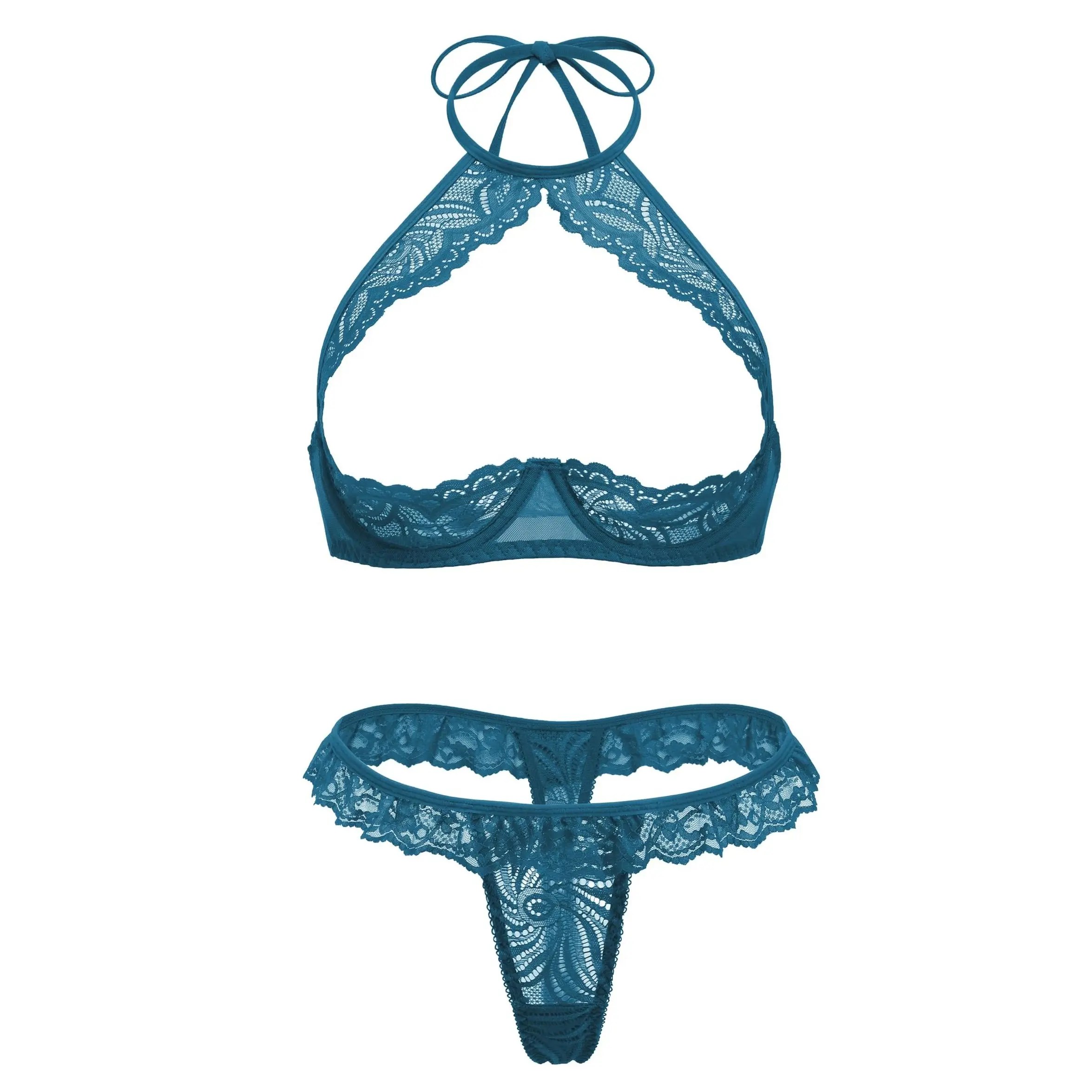 Avidlove Sexy Underwire Push Up Lingerie for Women Floral Lace Sheer Lingerie Set for Women Halter Bra and Panty 2 Piece