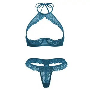 Avidlove Sexy Underwire Push Up Lingerie for Women Floral Lace Sheer Lingerie Set for Women Halter Bra and Panty 2 Piece