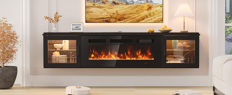 【2 Packages Shipping】oneinmil 70" Floating TV Stand with 36" Electric Fireplace High Gloss Finish Wall Mounted Entertainment Center for TVs Up to 80" Black TV Stand and Fireplace
