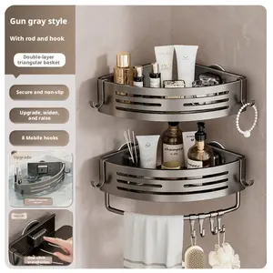 1/2-Pack Aluminum Gun Gray Triangular Suction Cup Shower Caddy, 1/2-Tier Corner Shelves Shower Storage Rack, Drill Free Wall Mount Shower Organizer, 40lbs Load Capacity Bathroom Accessories Towels Hook Toiletries