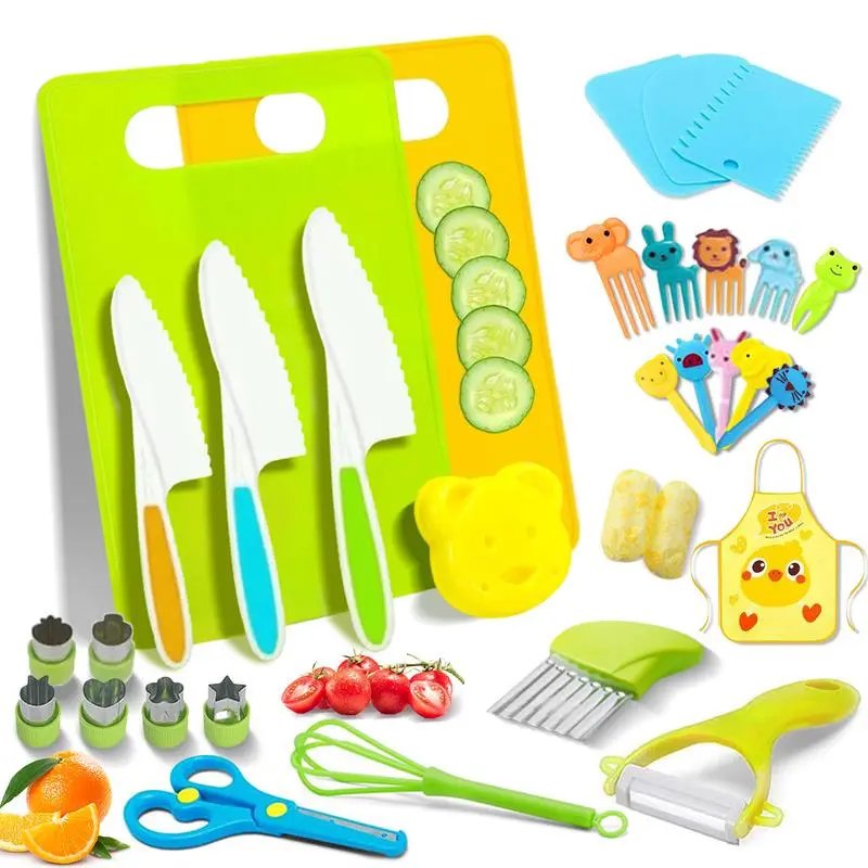 32PCS Montessori Kids Kitchen Knife Set, Safe Real Cooking Utensils for Toddlers Ages 5-10, Complete Kid Kitchen Gadgets & Fruit Sandwich Cutters, Practical Children Cooking Tools, Perfect Holiday Birthday Gift for Boys Girls